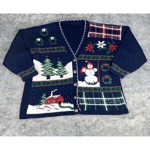 Vintage Womens Xtra Large Navy Hand Knit Christmas Tree Snowman Cardigan Sweater